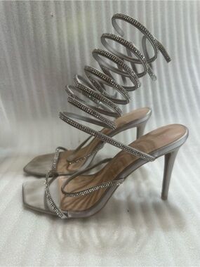 Rhinestone Spiral Strap Silver Stiletto Heels